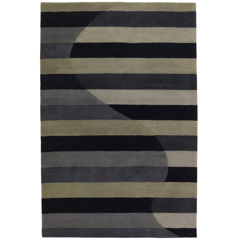 Tapis en laine à rayures horizontales noir et gris Arae, Rectangle 7 pi 9 po x 10 pi 6 po
