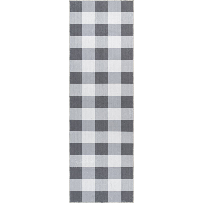 Micheals Farmhouse Plaid Machine Washable Area Rug in Gray, Runner 2'6" x 6'