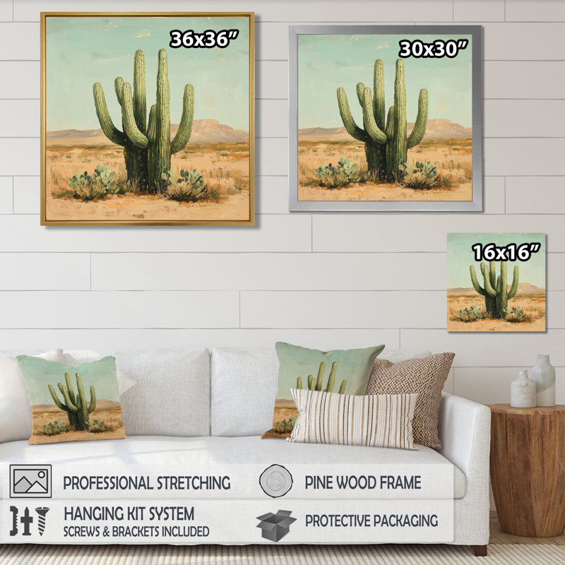 Marquee, cactus et les montagnes du désert, H 16 po x l 16 po, Impression encadrée flottante, Crème, crème