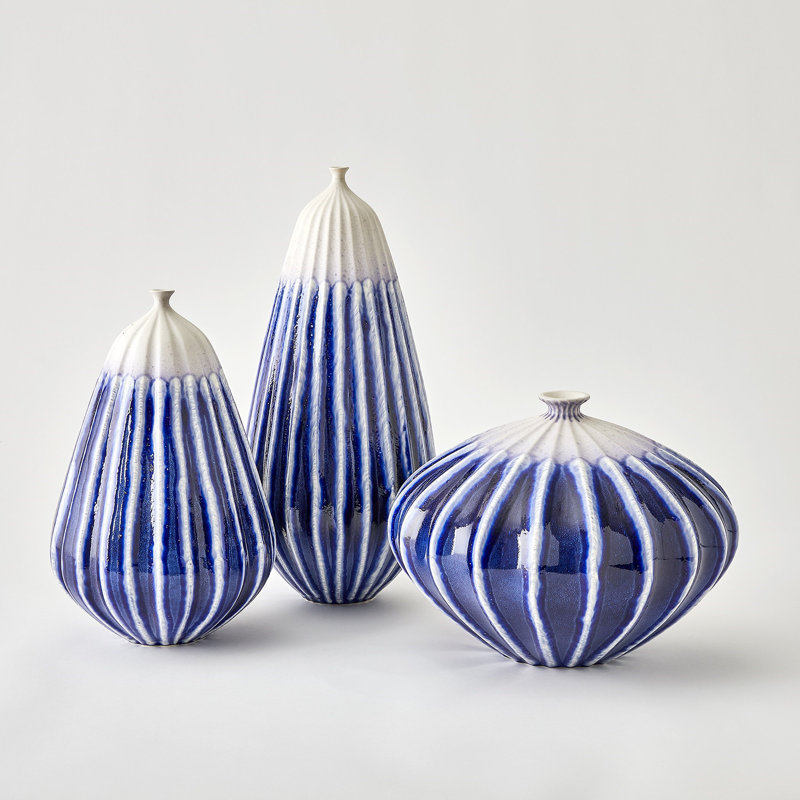 Furrow Handmade Ceramic Table Vase, 11" H x 15" W x 15" D, Deep Blue