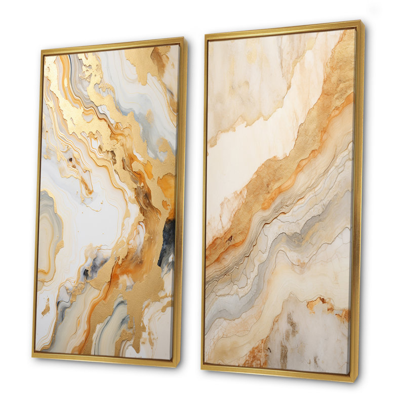 Or et blanc rivière de marbre - ensemble de 2 reproductions d'art abstrait en marbre, Encadrement doré, H 28 po x l 25 po