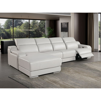 Canapé modulaire en cuir italien 4 pièces gris clair Encanto faisant face à la gauche avec 1 fauteuil inclinable électrique et appuis-tête réglables Encanto