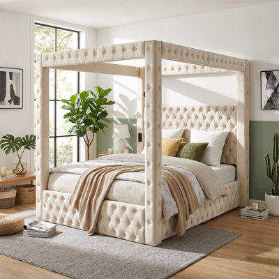 Cocoon Queen Size Velvet Canopy Bed Frame, Upholstered Platform Bed with Tufted Headboard, Built-In Bluetooth Speaker, USB-A & USB-C Ports, Heavy-Duty 1300LBS Support