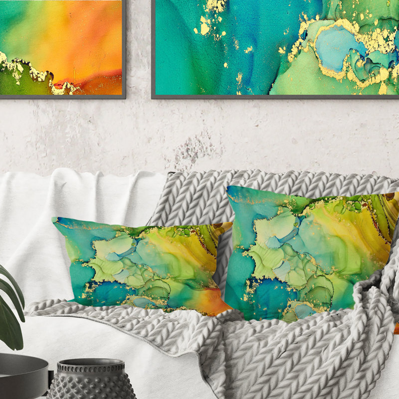 Vert et jaune, luxe, art abstrait fluide - coussin décoratif imprimé moderne, 16 po x 16 po