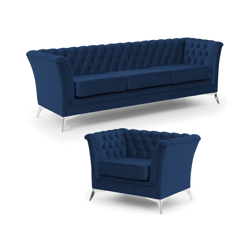 Whitby 2 - Piece Velvet Living Room Set, Navy Blue, Chrome
