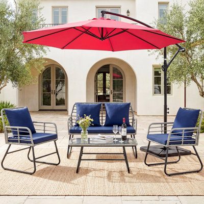 4 Piece Outdoor Wicker Conversation Set With 10Ft Offset Cantilever Umbrella