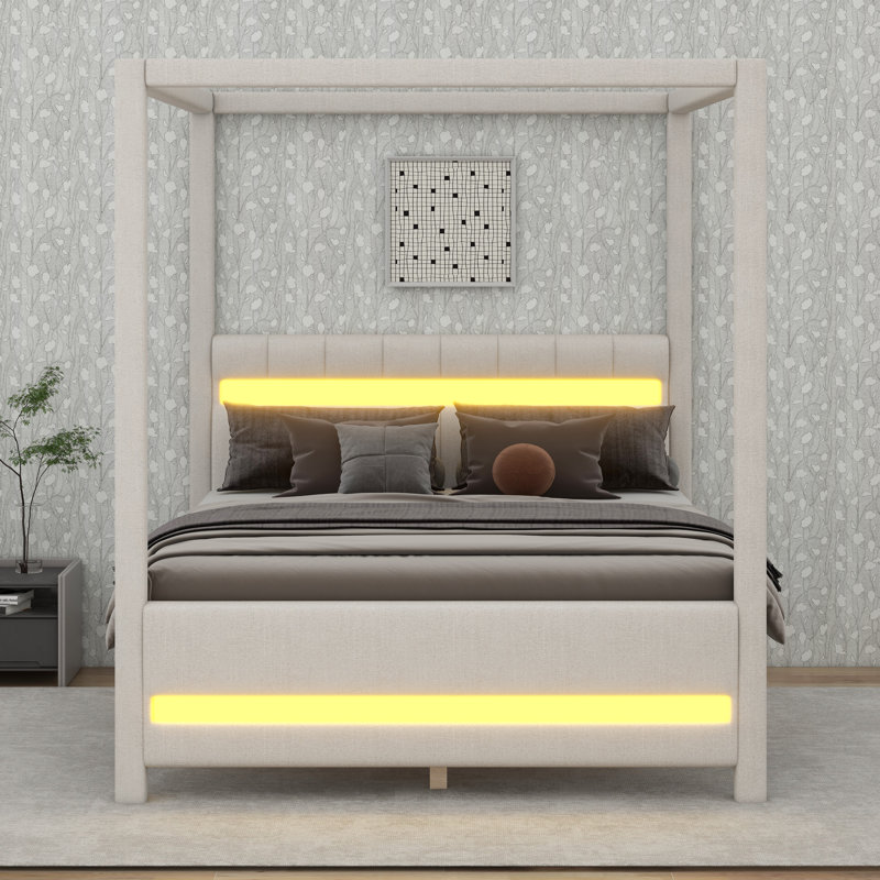 Grand lit plateforme à baldaquin tapissier avec lumières DEL