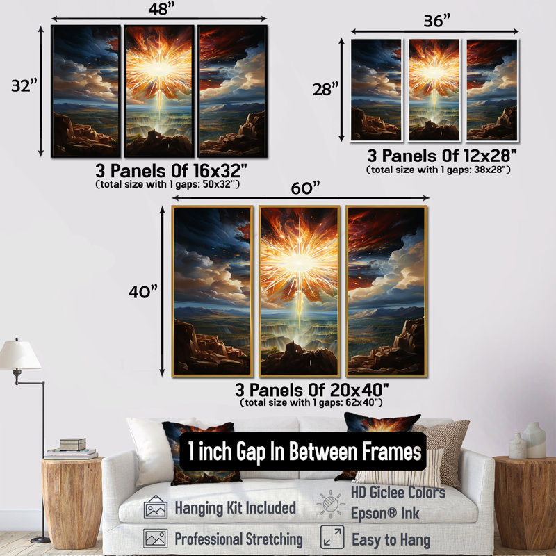 Sunset Explosion Over The Hills - Landscape Mountains Wall Art Print Set, 28" H x 36" W x 1" D, Black Floater Framed