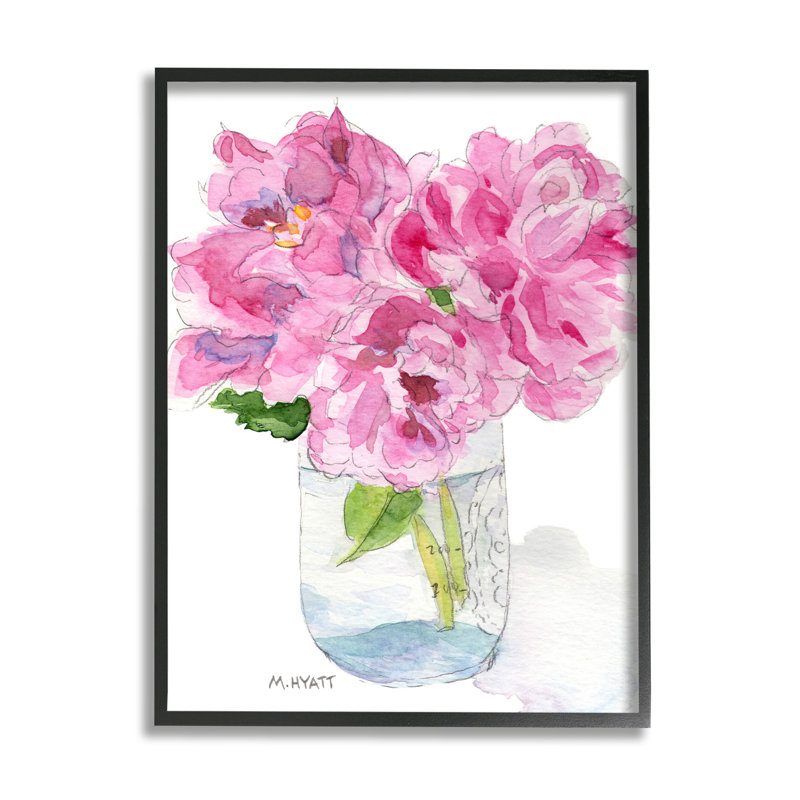 Pivoines roses en pot de conserve classique, H 30 po x l 24 po, Giclée encadrée noir minuit