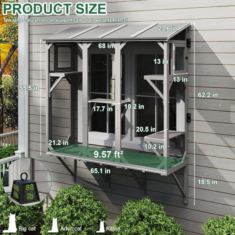 Cat Catio, Expandable Window Box Enclosure for Multiple Indoor Cats, Comfortable Wooden Small Pet Perch House, All-Weather Use, Keep Bugs Insects Out, with 4 Platforms and 3 Doors