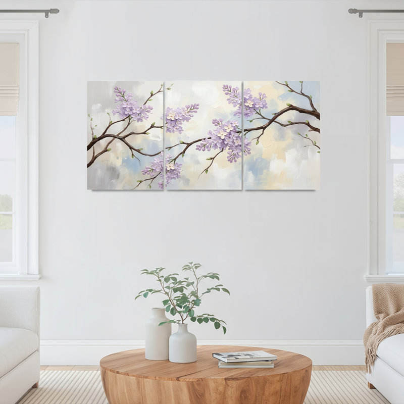 Ensemble de 3 tableaux sur toile représentant des branches de lavande en fleurs, pour la décoration du salon et de la chambre.