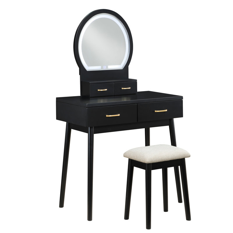 Luxury - Inspired Vanity With Black Finish, 4 Drawers, Led Mirror, And Stool For Bedroom Elegant Functional, Black