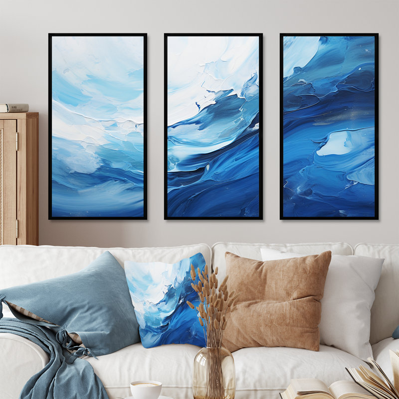 «Blue Emotional Tachism Waves 4» - art mural tachisme, Cadre flottant noir, H 28 po x l 36 po x P 1 po