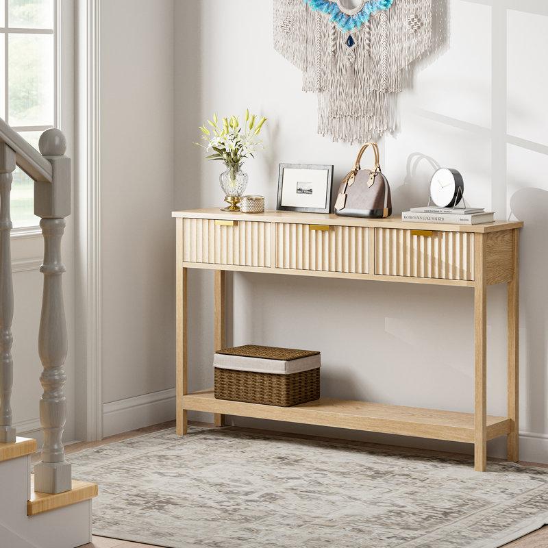 Natural Oak Console Table with Fluted Drawers and Shelf