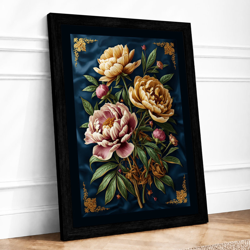 Garden Roses in Gold Botanical - Framed Print, A1 - 84.1 x 59.4 cm, Black