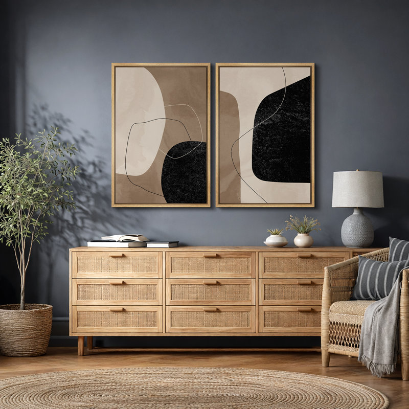 Forme Mid-Century «brun chaud et noir délavé, lignes abstraites, images murales modernes minimalistes neutres, impression sur toile encadrée 2 pièces, 16 x 24 x 2, 24 x 36 x 2