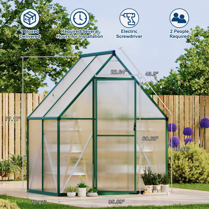 Walk-In Aluminum Greenhouse – 6x4FT with Polycarbonate Panels – Heavy Duty Frame, Quick Setup, Roof Vent, Weather Resistant for Garden, Backyard, Patio (Green)