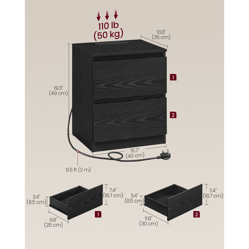 KAILYN Collection - Nightstands With Charging Station, Set Of 2 Bedside Tables With Drawers, Side End Tables, 2 AC Outlets, 2 USB Ports, For Living Room, Bedroom, Study