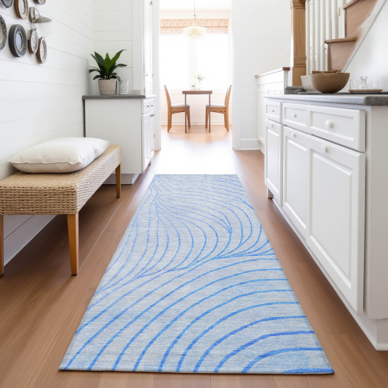 Tapis bleu intérieur / extérieur lavable à la machine Xhevrie, Tapis de couloir 2 pi 3 po x 7 pi 6 po