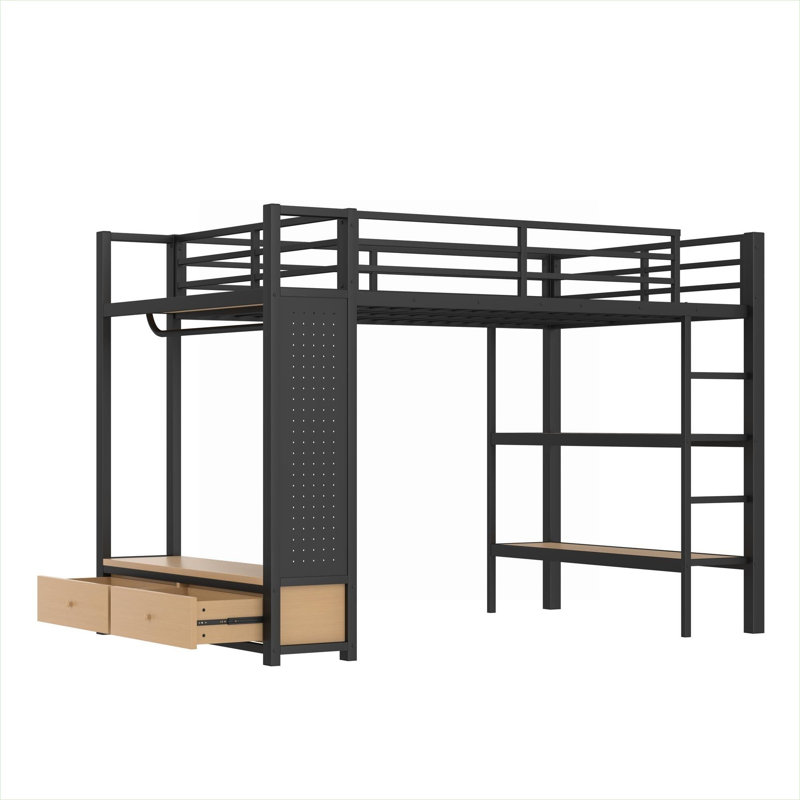 Structure de lit mezzanine pleine grandeur en MDF noir de jais, conception compacte tout-en-un pour le rangement et l'organisation de la chambre à coucher résidentielle