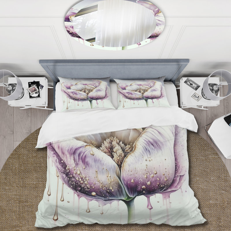 Crème et mauve Tulip III - ensemble de housse de couette floral tulipe - microfibre de polyester