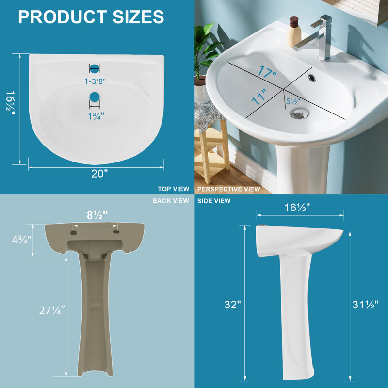 20" W x 16.5" D Pedestal Sink for Bathrooms U-Shaped Vitreous China, 1 Faucet Hole & Overflow, White, Glossy White