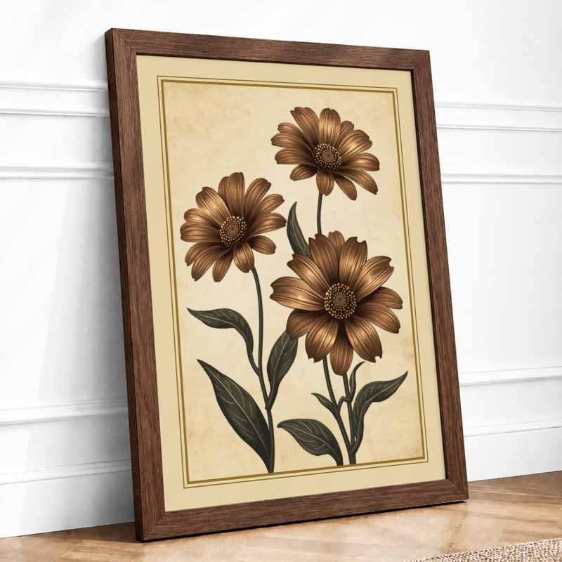 Three Daisy Studies Botanical - Framed Print, A3 - 42.0 x 29.7 cm, Walnut