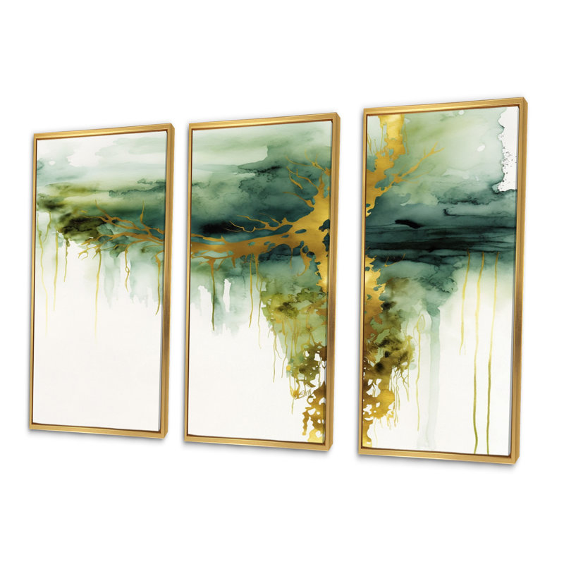 «Awakenings In French Moss IV», ensemble d'art mural abstrait à l'encre liquide, H 32 po x l 48 po x P 1 po
