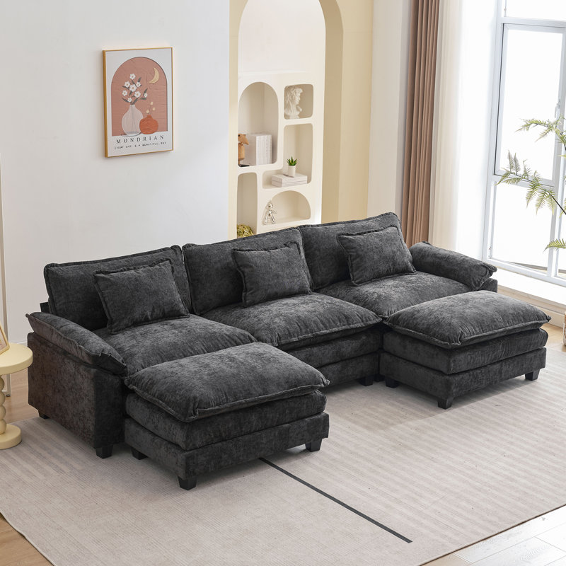 Praylow 120" W Modular U-Shaped Sectional Sofa with Two Ottomans, Black Chenille