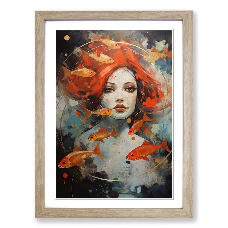 Pisces Zodiac Expressionism - Single Picture Frame Print on Wood, Oak Framed, 34cm H x 25cm W x 2cm D
