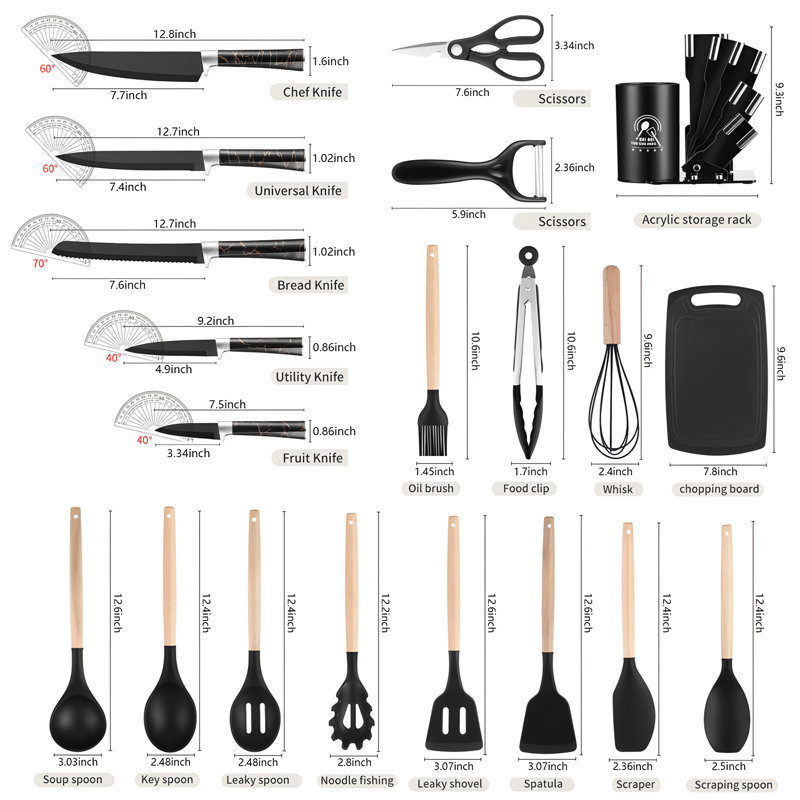 Ensemble 20 pièces d'ustensiles de cuisine en silicone avec bloc