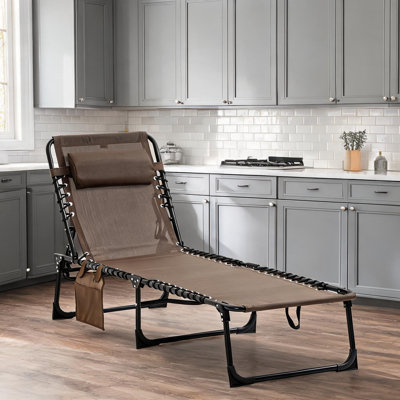 Chaise longue réglable avec dossier verrouillable et appui-tête amovible, tissu en maille résistant aux intempéries et structure en acier au fini brun, 185 cm (72,75 pouces).