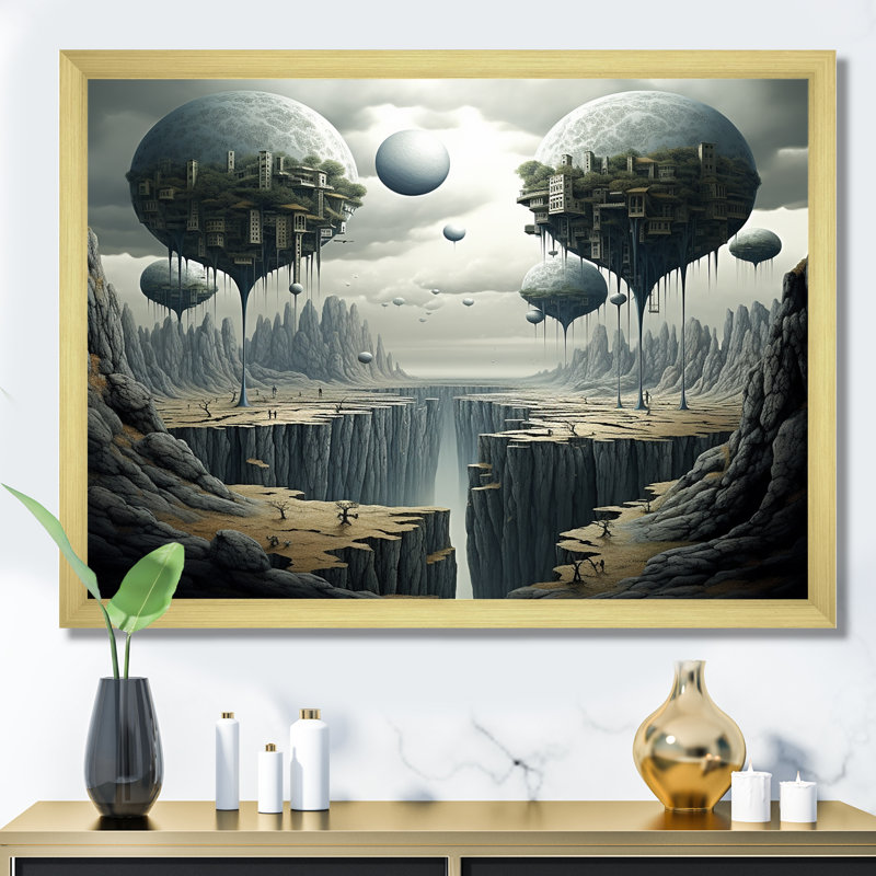 «Mind-Blowing», art mural surréalisme, Cadre d'angle fermé doré, H 24 po x l 32 po x P 1 po