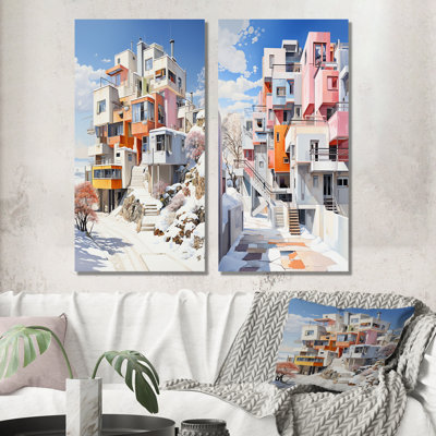 De Stijl, ville moderne en hiver - ensemble d'art mural en métal neige 2