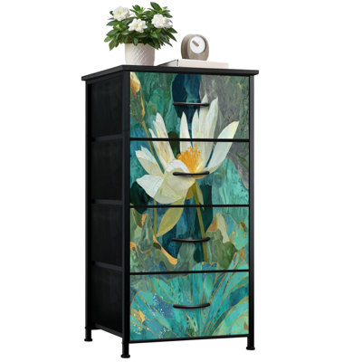 Commode pour chambre à coucher avec 4 tiroirs de rangement Fleur de lotus abstraite Turquoise Commode aquarelle Commode en tissu avec cadre en acier pour vestibule