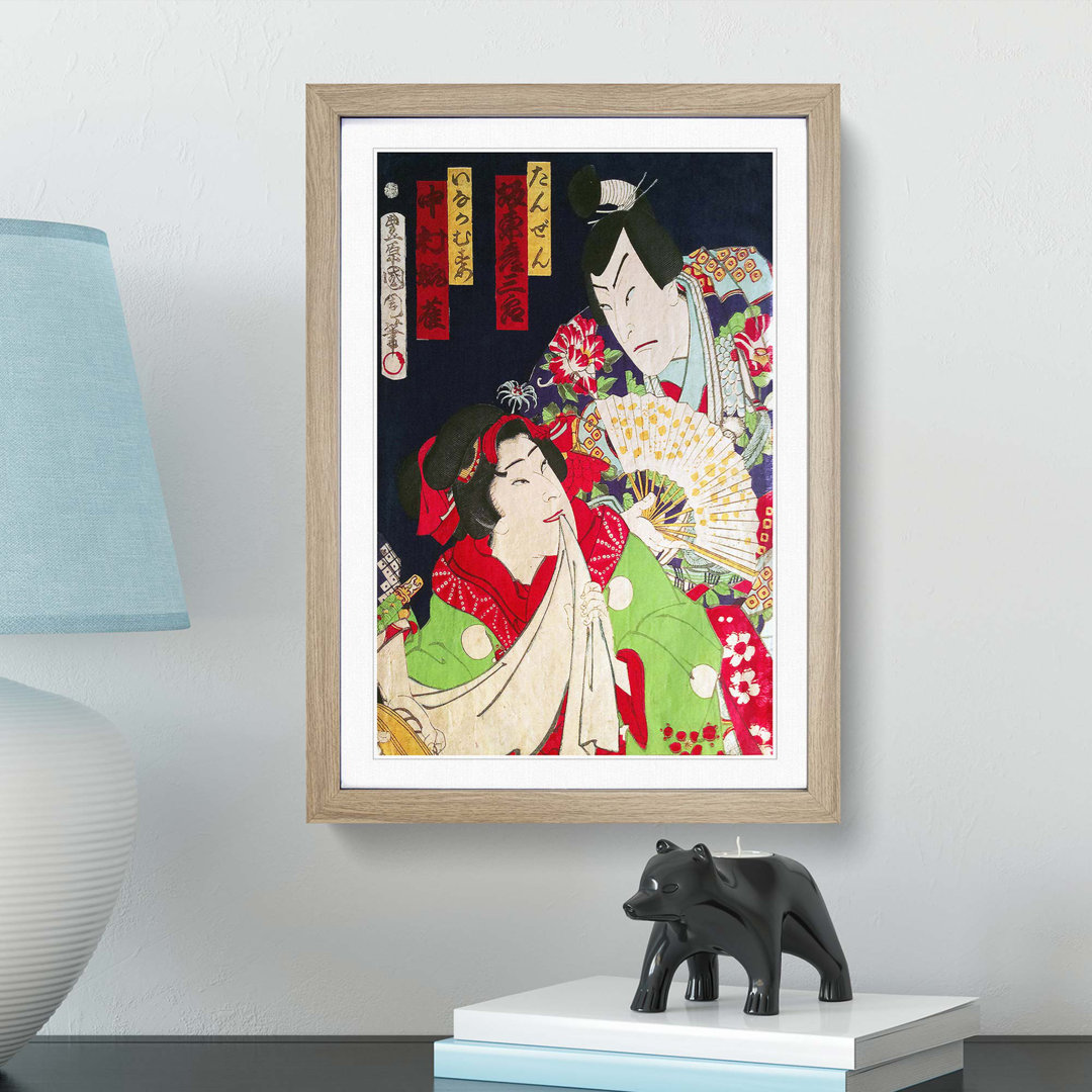 Lady & Man with a Fan by Toyohara Kunichika - Framed Print