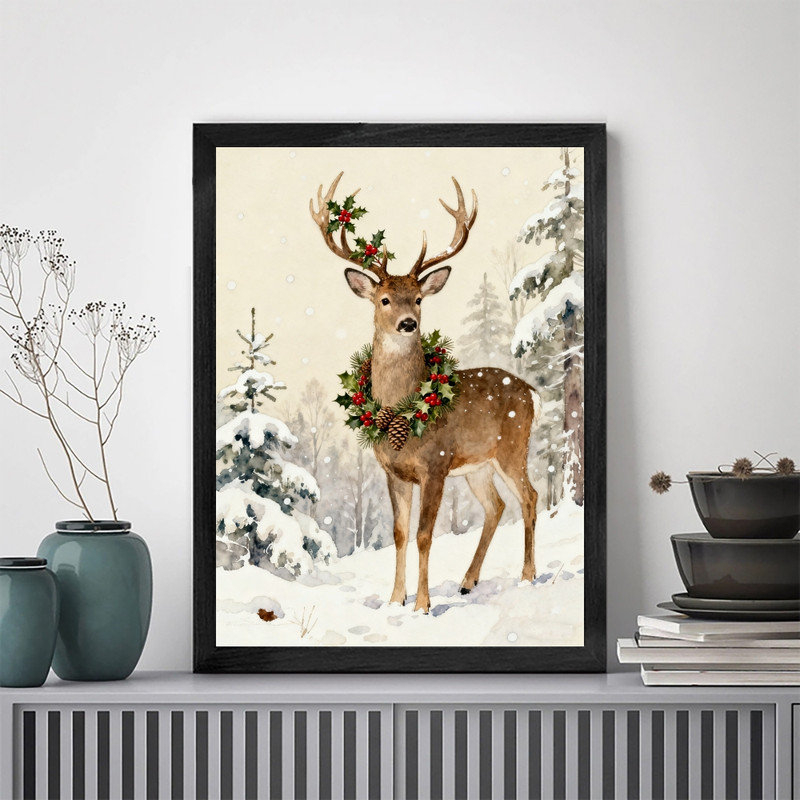 Aquarelle encadrée noire, cerf de Noël avec couronne de houx, reproduction d'art encadrée de style forêt enneigée
