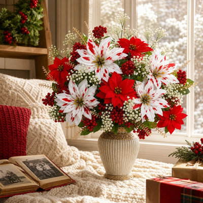 Ensemble de 20 pièces de fleurs de Noël artificielles, poinsettia blanc rouge, poinsettia rouge uni, baies rouges et tiges de souffle pour couronne, guirlande, vase