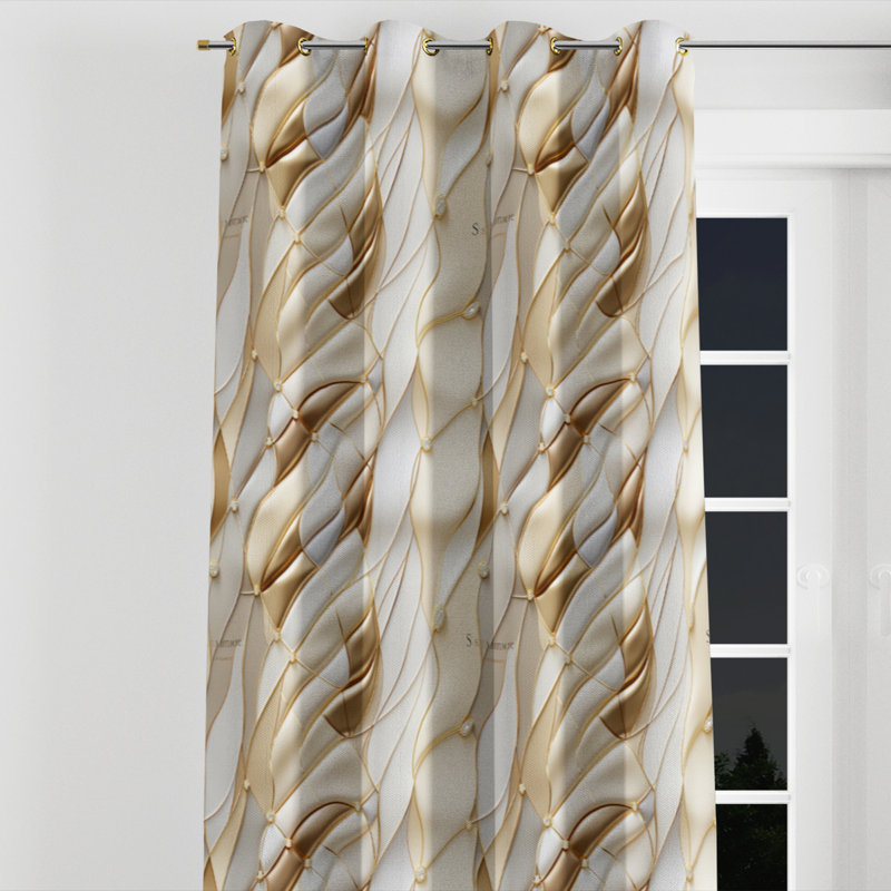 Gold And White Champagne Marble Waves I - Glam Blackout Grommet Curtain - 1 Panel, 52" W x 120" L, Golden Grommets