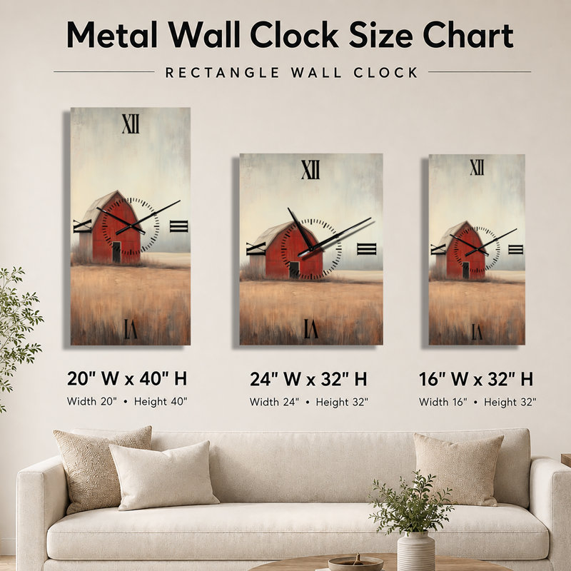 Horloge murale rustique en métal de style grange rouge - style ferme, 32" H x 24" W - Rectangle