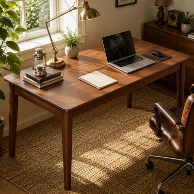 Bureau très long en bois massif de 55 pouces, bureau double pour deux personnes pour le bureau personnel, bureau d'ordinateur long en bois, table d'écriture pour le bureau