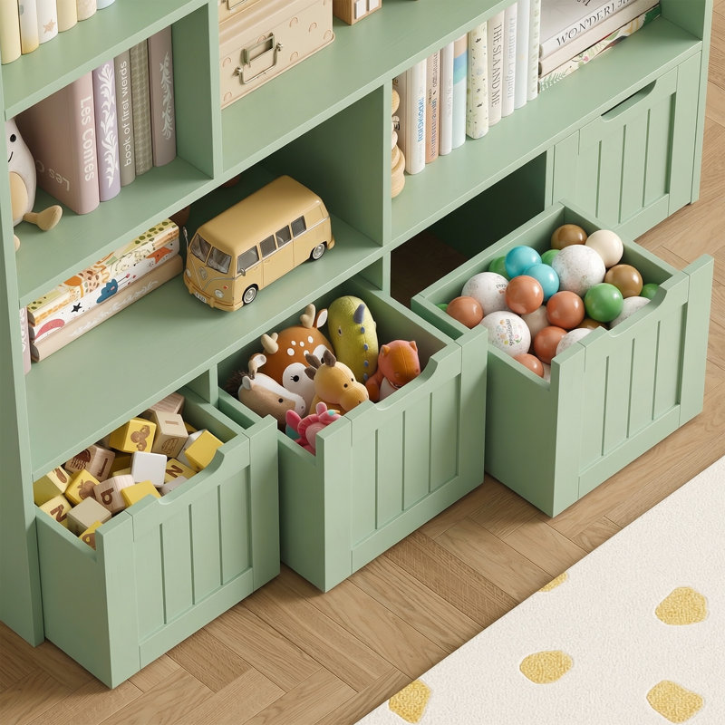 Kirklyn 49.4″ 7-Cube Standard Bookcase with 4 Drawers, Wood Storage Bookshelf in Mid-Century Modern, Green, Green