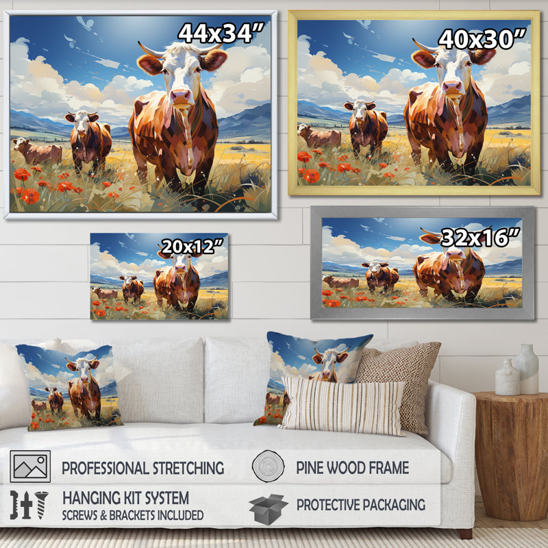 «Betancur Cattle Pastoral Grazers», impression géométrique sur toile, H 12 po x l 20 po x P 1 po, Cadre flottant noir