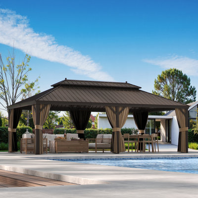 14x24ft.Outdoor Hardtop Gazebo with Double Galvanized Steel Roof, Built-In Hooks & Anchored Base for Garden, Patio & Backyard