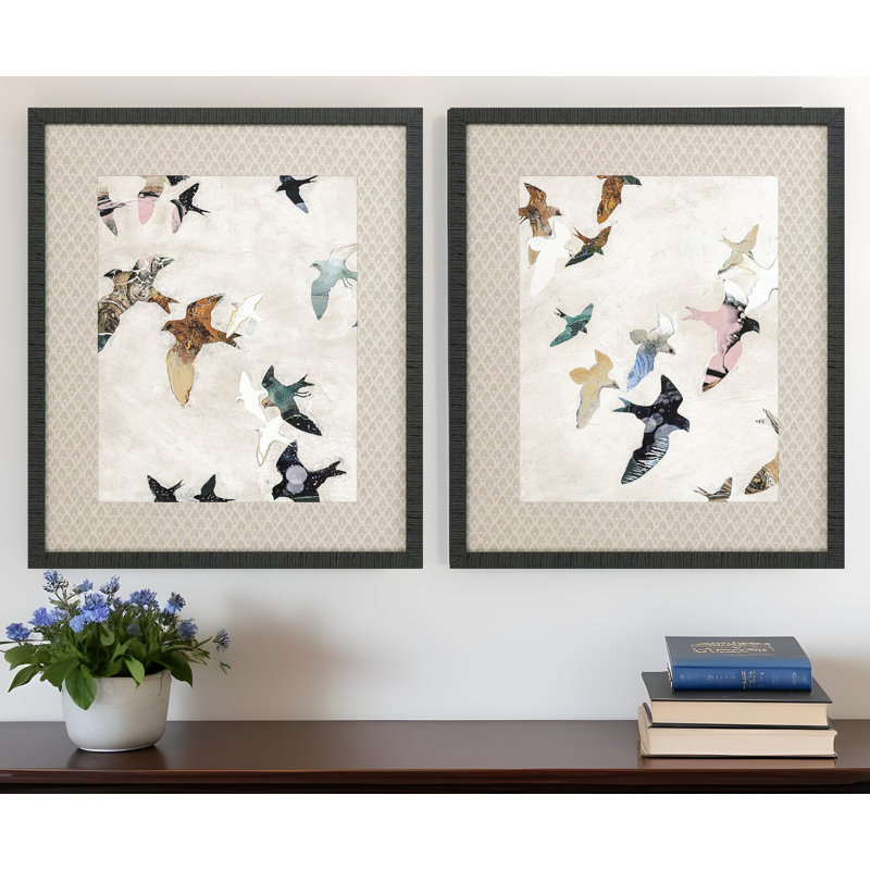 HomeRoots "Ensemble de deux oiseaux abstraits noirs, impression encadrée", 2 pièces