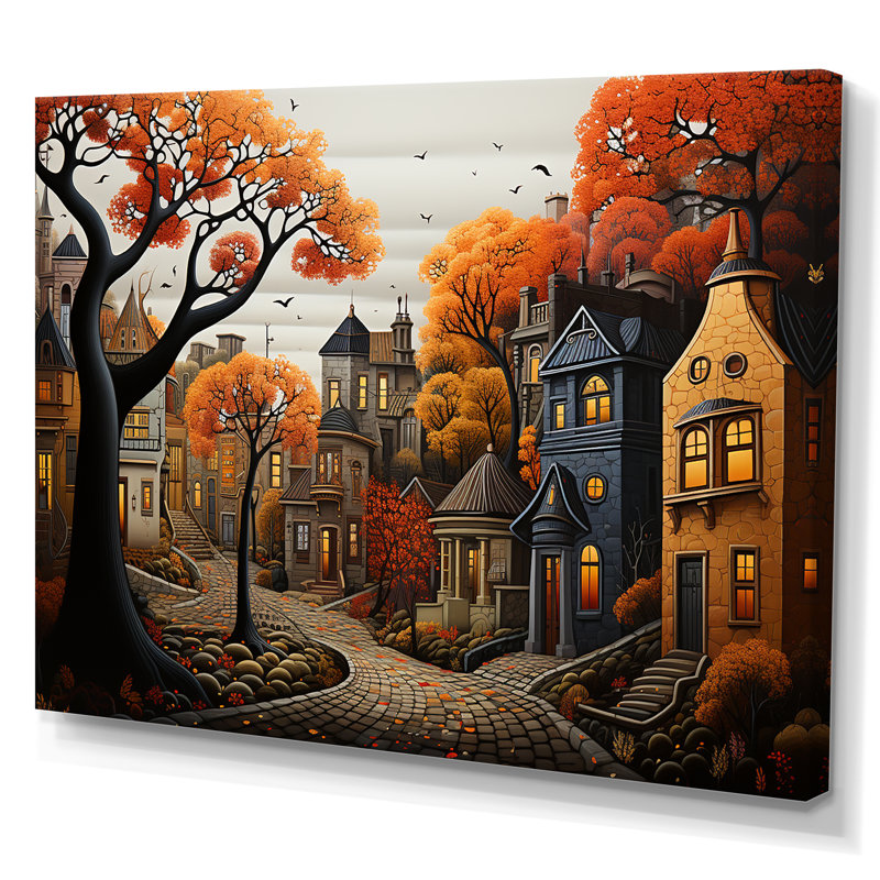 Cozy village in Autumn Moonlit III - Art mural art déco urbain, Toile tendue, H 16 po x l 32 po x P 1 po
