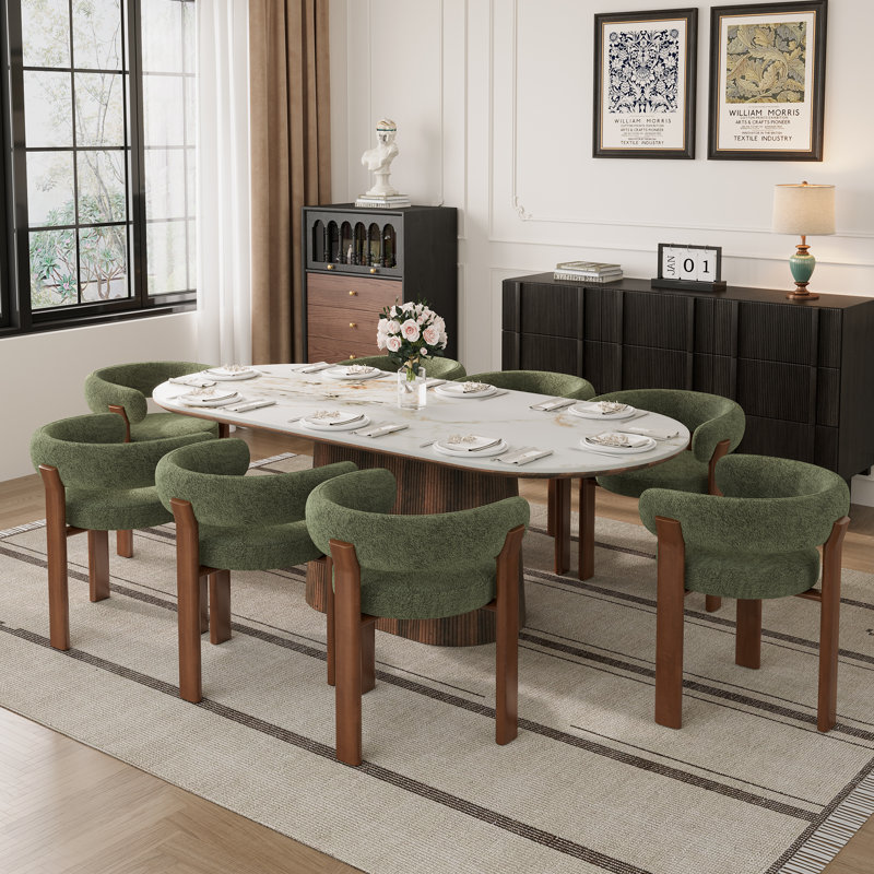 Table de salle à manger ovale Adwin pour 8 personnes (86,61 po) en pierre frittée avec pieds et chaises rembourrées Teddy