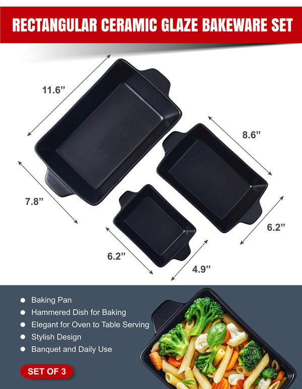 NutriChef 3-Pcs. Rectangular Ceramic Bakeware Set - Durable Baking Dishes  Set, Odor-Free Hybrid Ceramic Non-Stick Baking Pans, Dishwasher Safe (Red)