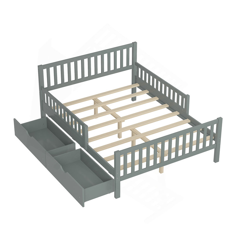 Lit plateforme en bois avec garde-corps des deux côtés et deux tiroirs de rangement , Gris, Lit double