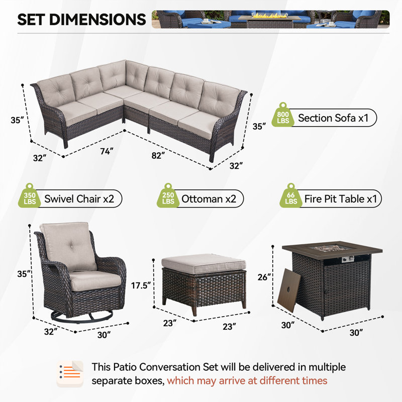 Ensemble de conversation pour patio pour 7 personnes Carolina Wicker avec coussins et foyer, Beige, Brun